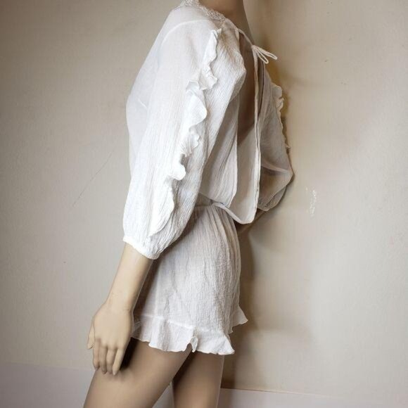 Victorias Secret White Lace Trim Romper Open Back & Tie Long Sleeves Womens S - Picture 7 of 9